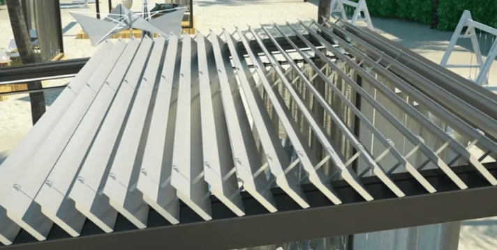 Bursa bioklimatik pergola rolling roof akıllı çatı sistemi, Karadeniz Tente modern dış mekan gölgelendirme detayı.