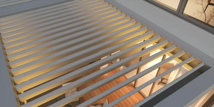 Bursa aydınlatmalı rolling roof akıllı çatı pergola uygulaması, gece dış mekan gölgelendirme ve Karadeniz Tente modern teras tasarımı.